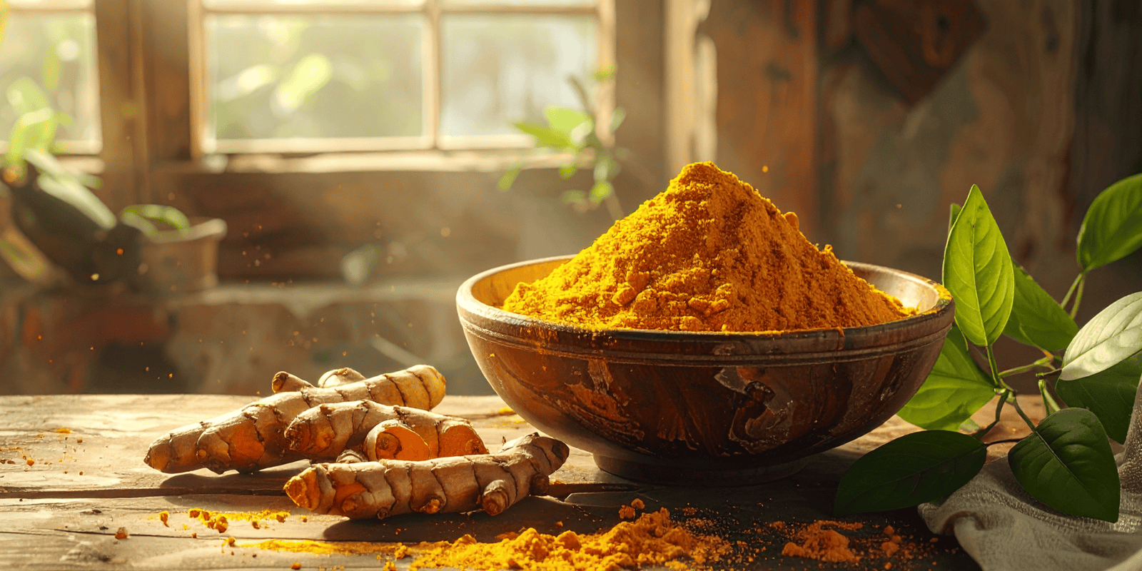 A bowl full of powdered turmeric with turmeric roots lying on the table