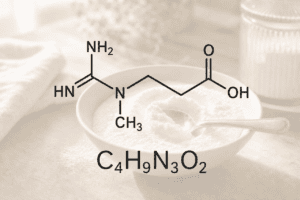 A bowl of creatine - one of most effective supplements for healthy ageing - overlaid with the chemical formula for creatine