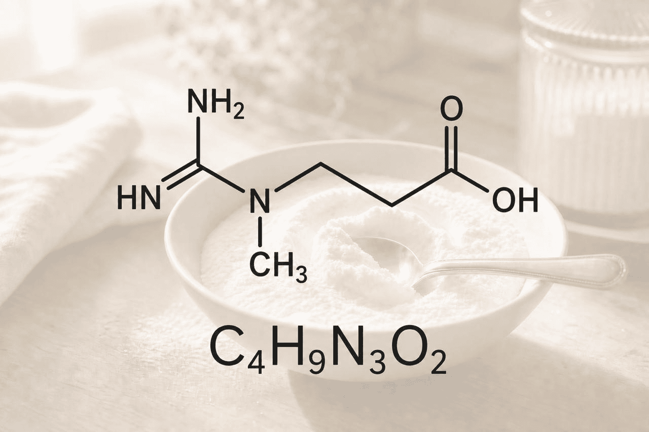 A bowl of creatine - one of most effective supplements for healthy ageing - overlaid with the chemical formula for creatine