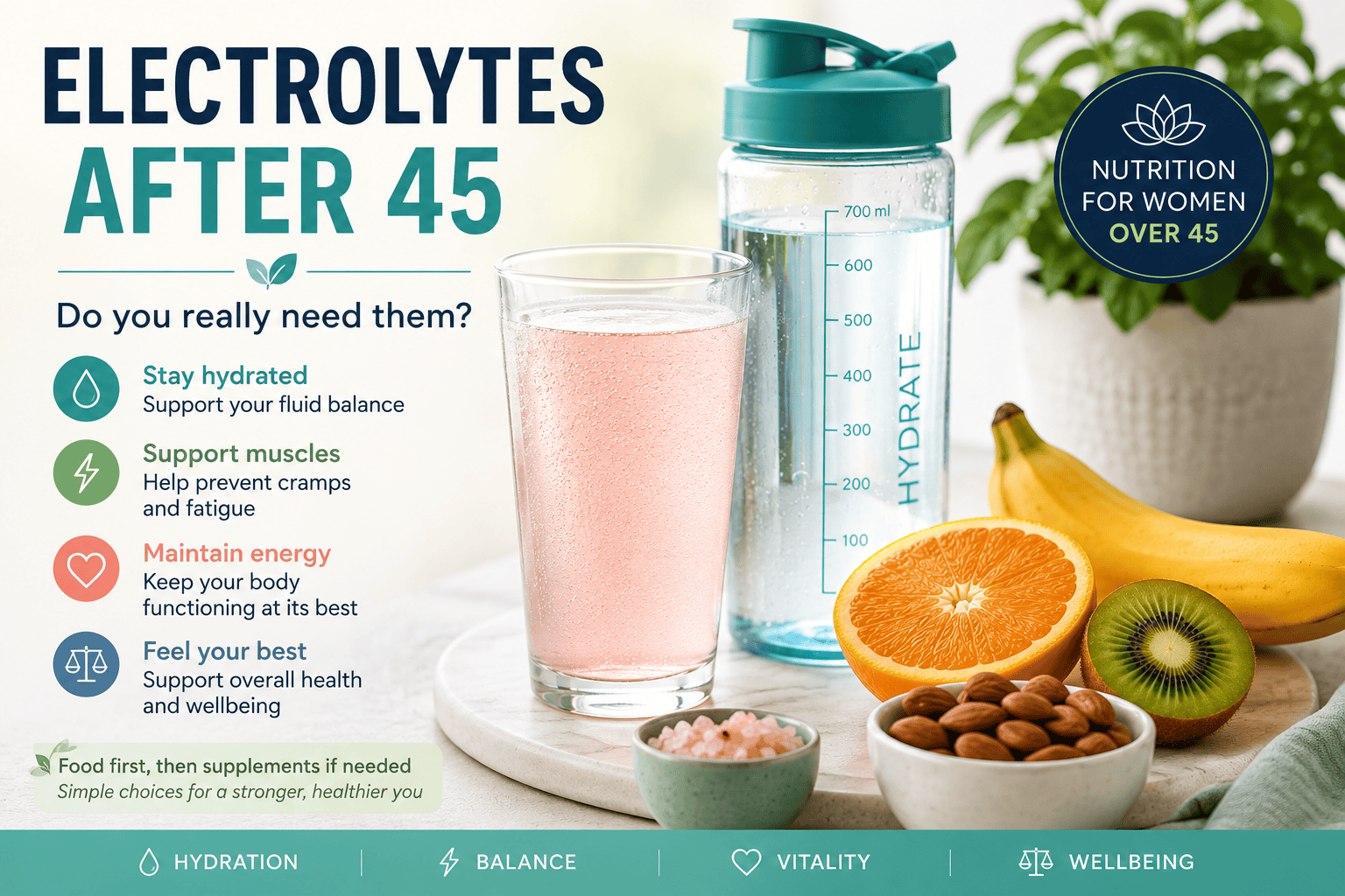 A glass of liquid by the side of water bottle, orange and banana illustrating Electrolytes after 45