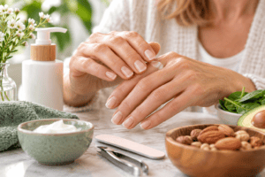 Woman over 45 moisturising her hands and nails to help protect brittle nails