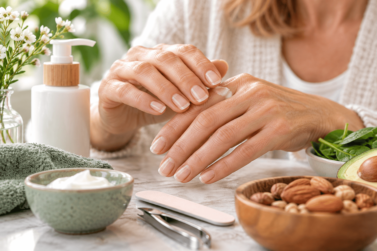 Woman over 45 moisturising her hands and nails to help protect brittle nails